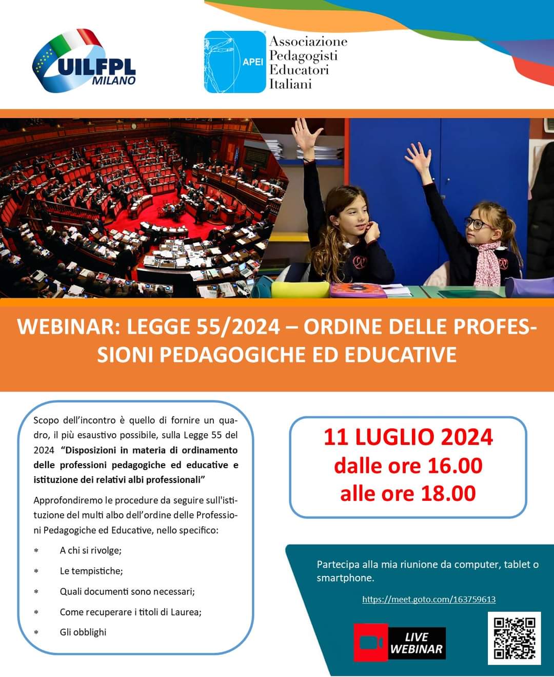 🔵 WEBINAR: LEGGE 55/2024 – ORDINE DELLE PROFESSIONI PEDAGOGICHE ED EDUCATIVE