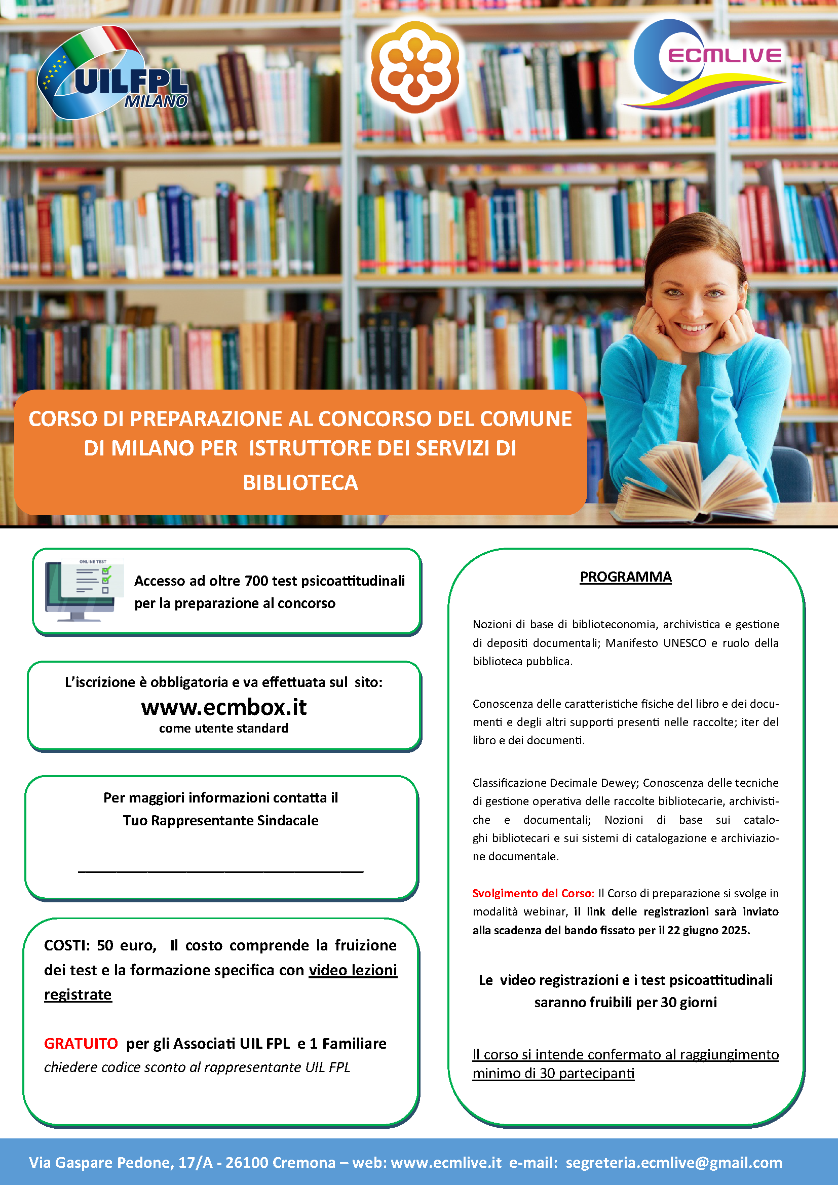 CORSO DI PREPARAZIONE AL CONCORSO PER LA COPERTURA DI N. 8 POSTI A TEMPO PIENO E INDETERMINATO DEL PROFILO PROFESSIONALE DI ISTRUTTORE DEI SERVIZI DI BIBLIOTECA – AREA DEGLI ISTRUTTORI